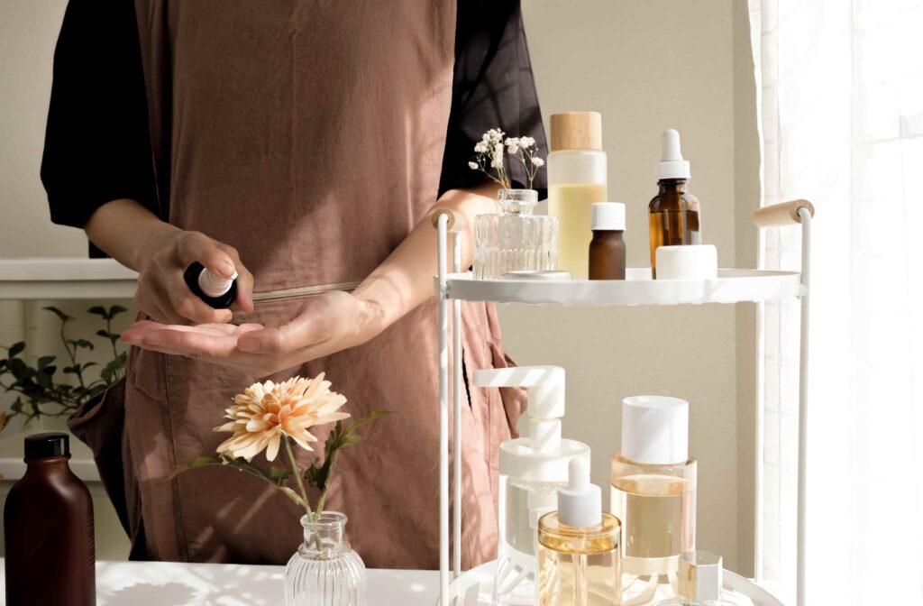 This is a picture of a man taking care of his skin. The products are for a clear skin for men.