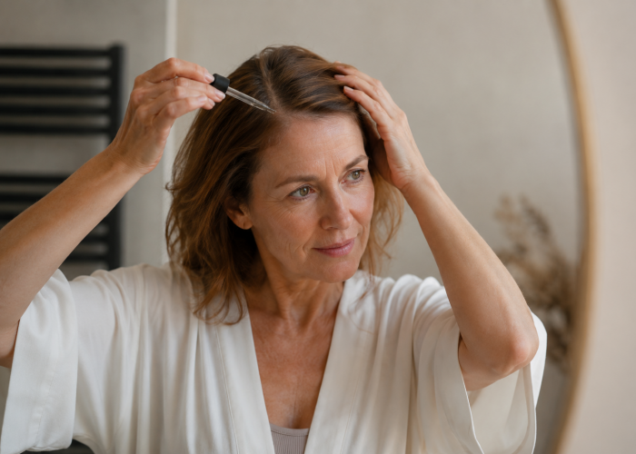 Woman applying hair serum to her scalp in a softly lit bathroom while looking into a mirror.