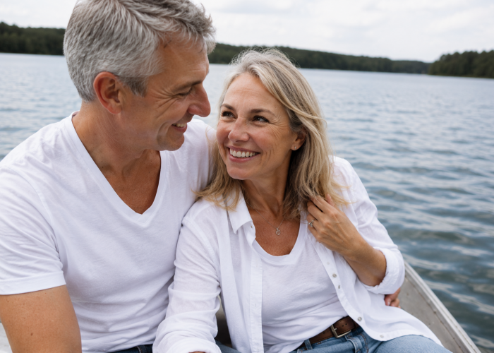 Mature couple smiling at each other while sitting together on a boat on a peaceful lake.